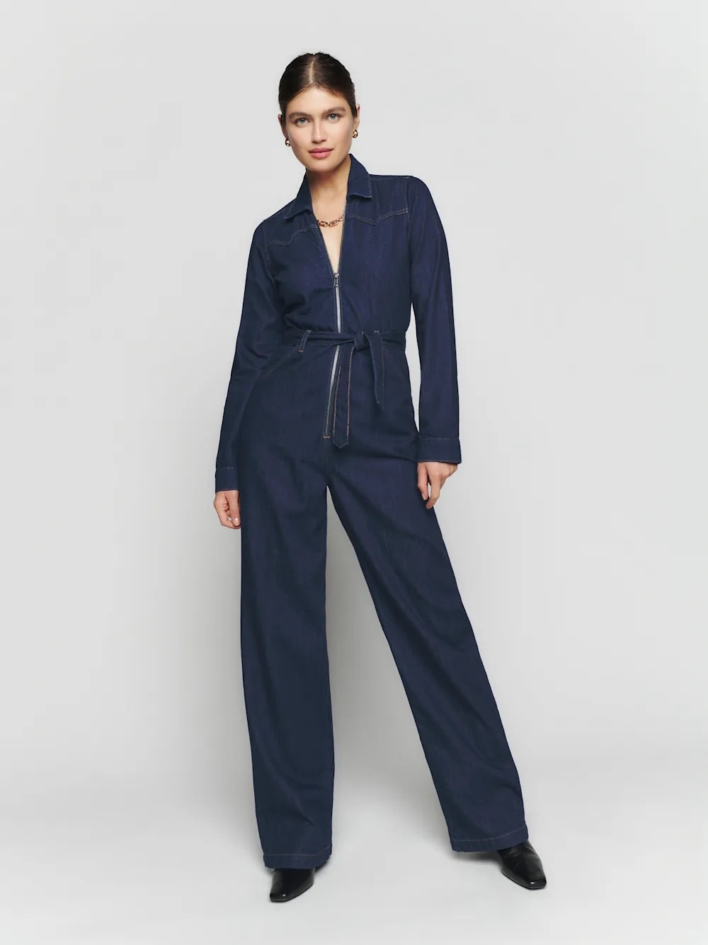 Reformation Olivia long sleeve denim jumpsuit